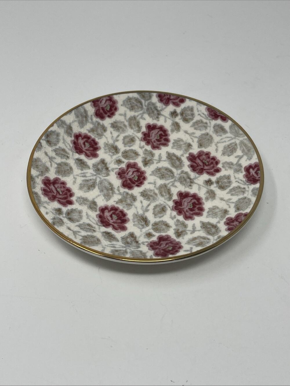 Pottery Barn Trinket Tray Pink Floral Romantic Vanity Dish Gold Trim New